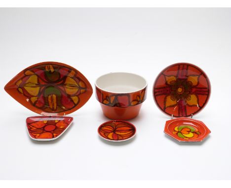 Six Poole Pottery Delphis pattern plates and a jardiniere, 12cm tall 