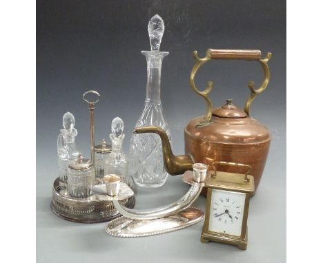 Georg Jensen style candelabra, four-bottle cruet, copper kettle, carriage clock etc 