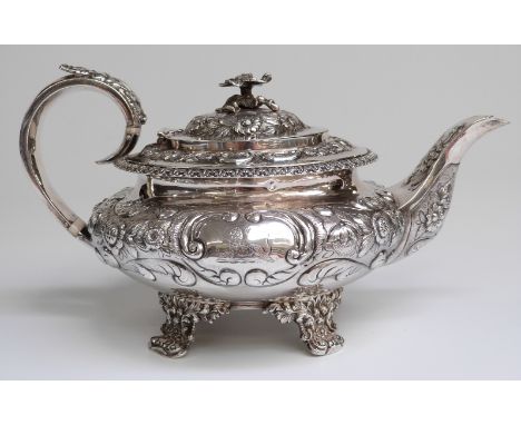 Georgian hallmarked silver teapot with embossed decoration, London 1824 maker Hyam Hyams, length 27cm, weight 789g 