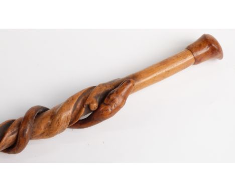 Victorian sycamore and honeysuckle walking stick with snake climbing a tree, the top having history of the stick and dated 18