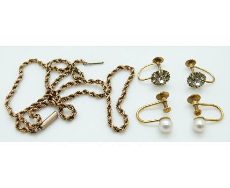 A pair of 9ct gold earrings set with paste, a pair of 9ct gold earrings set with a pearl to each and a yellow metal rope twis