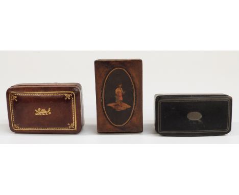 Three trinket or snuff boxes including an inlaid and Tunbridge Ware example, and a tooled leather box