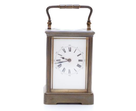 French Parisian made brass carriage clock in corniche style case, the Roman enamelled dial with Arabic minutes and blue steel