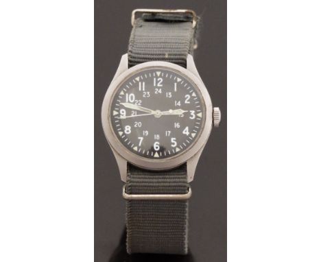 Hamilton gentleman's military wristwatch with luminous steel hands, white seconds hand, white 24 hour Arabic numerals, black 