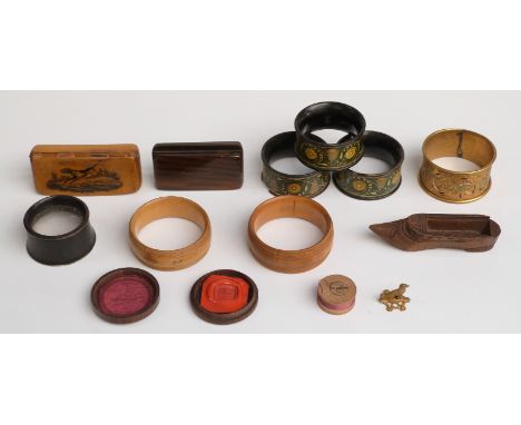 19thC treen items including snuff box made of wood from HMS Royal George, wax seal in Yates and Hess, London and Liverpool bo