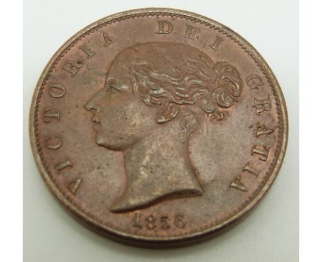 Queen Victoria 1856 copper half penny, DEF colon type with unusual trident. VF