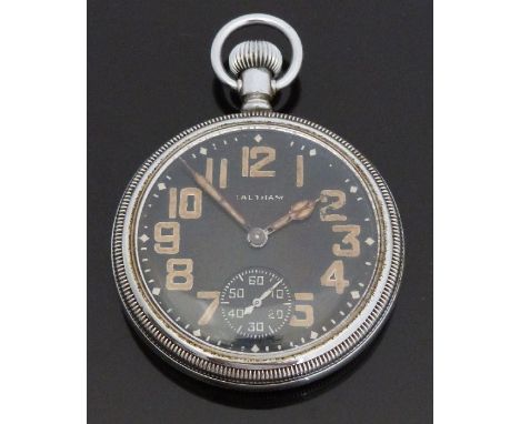 Waltham military issue open faced keyless winding pocket watch with black face, Arabic numerals, inset subsidiary seconds dia