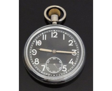 Military issue open faced keyless winding pocket watch with white Arabic numerals, black face, luminous hands and 15 jewel mo