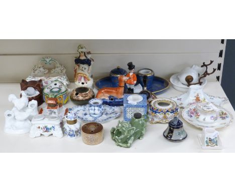 A quantity of ceramic inkwells, pen stands, standish etc 