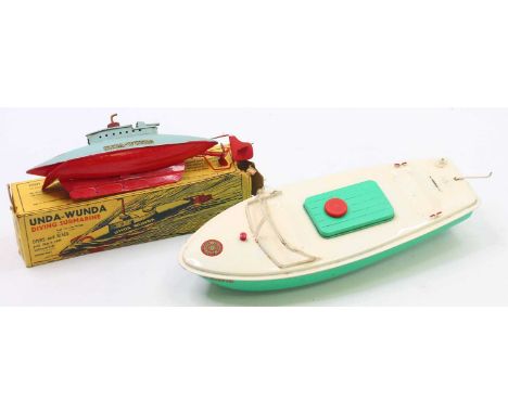 Two Sutcliffe boats: clockwork speed boat ‘Hawk’ green hull &amp; engine cover, white deck, red bung &amp; mooring bollard on