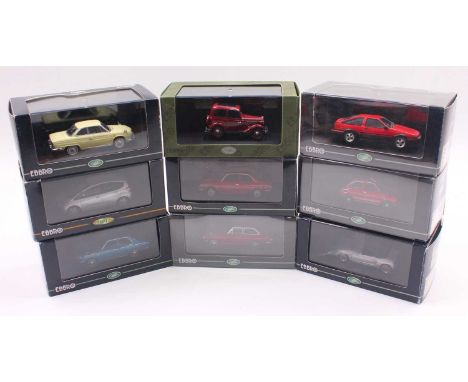 Ebbro 1/43 scale group of 9 diecast cars to include a Toyota Corolla 1100 in blue, a Datsun 17 Sedan in red, a Datsun Sunny 1