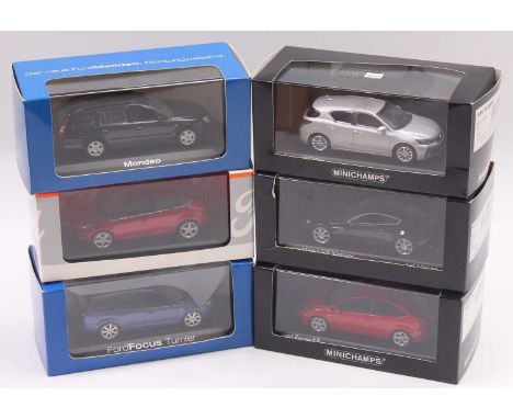 Minichamps 1/43 scale group of 6 diecast cars to include a Ford Focus in blue, a Ford Focus in red, a Ford Mondeo in black, a