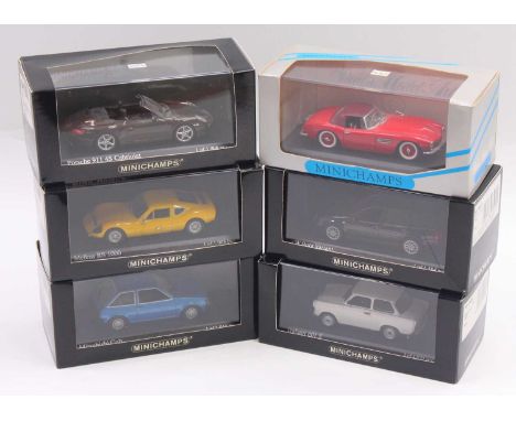 Minichamps 1/43 scale 6 diecast cars to include a 911 Porsche Carrera in brown, a Mitsubishi Colt in blue, a VW Bora in black