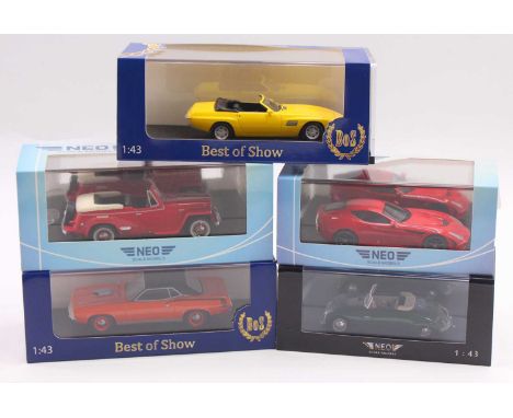 Modern issue diecast 1/43 scale group of five to include a Neo Scale Models Willy's Jeepster 1948 in red, a Neo Scale Models 