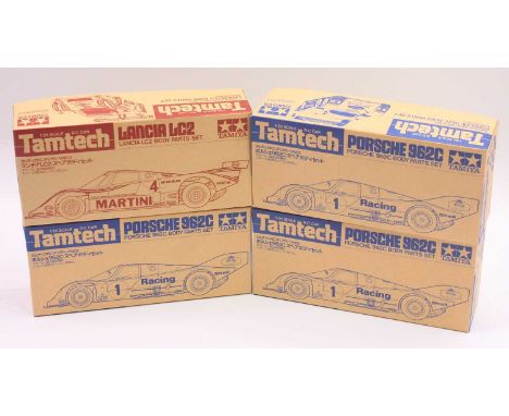 A collection of Tamiya 1/24 scale RC Car Tamtech body part sets, to include Porsche 962C (x3), and a Lancia LC2, all in origi