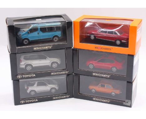 tray containing six 1/43 scale Minichamps diecast cars to include an NSUTT saloon 1967-72, a 430 Seat Toledo 1999 in red, a T