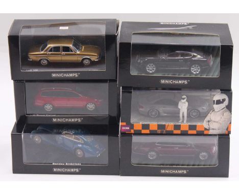 Minichamps 1/43 scale group of 6 diecast cars, to include a Bentley in blue, an Audi 100 from 1969 in gold, a Bentley Mulsann
