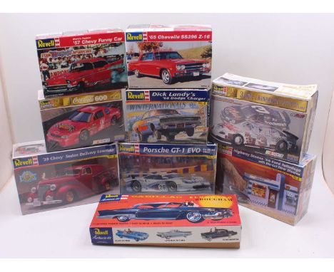 A collection of 9 boxed Revell mixed scale plastic vehicle kits to include a Highway Scenes 1969 Ford Talladega with diecut d