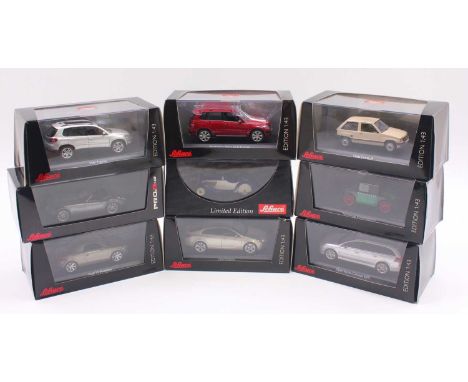 Schuco 1/43 scale group of 9 diecast cars to include an Opel Vectra in silver, a Hannomag Commissbrot in green, a BMW 315-1 i