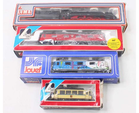 Four HO gauge locos to include a Lima semi-streamlined BR10 class in DB black, a Jouef SBB 4/4 in blue, and others, all house