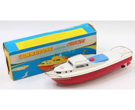 Sutcliffe Model boat: ‘Commodore’ red hull, white deck &amp; superstructure, blue engine cover, red keyhole cover, gold raili