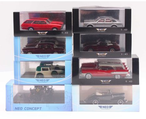 Neo 1/43 scale group of 8 models to include a Buick Century Caballero, a Ford Taunus TC2 Turner, an Opel Captain Hebmuller fr