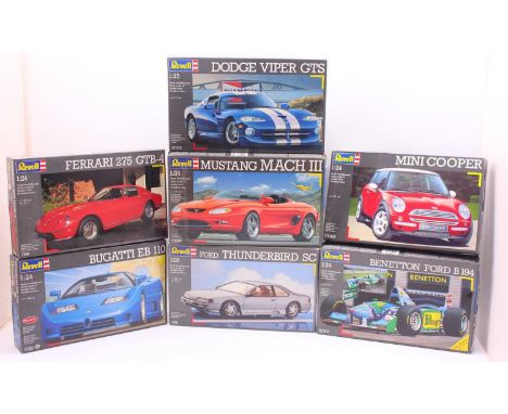 A collection of seven boxed Revell 1/24 and 1/25 scale plastic car kits to include a Formula One Benetton Ford B194, Mini Coo