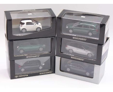  Minichamps 1/43 scale group of 6 diecast cars to include a Toyota IQ in black &amp; white two-tone livery, a Toyota Corolla 