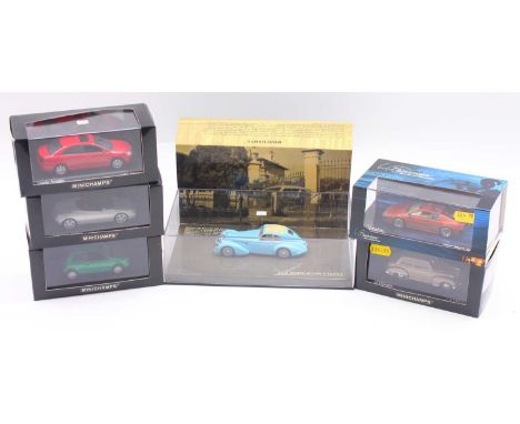 Minichamps 1/43 scale group of 6 diecast cars to include an Alfa Romeo 8C 2900 B Lungo in blue, an Alfa Romeo Spider in silve