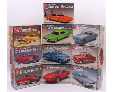 Ten boxed AMT ERTL 1/25 scale 1980s plastic kits, all boxed and appear as issued, to include a 1949 Ford Coupe, a 1969 Dodge 