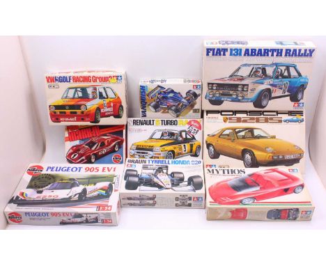 Nine boxed Tamiya and Airfix mixed scale racing car and High Speed saloon plastic kits to include a Tamiya Fiat 131 Abarth Ra