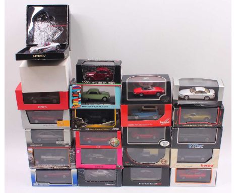 Various 1/43 scale diecast cars to include a Brumm Fiat 1100 in red, an Abrex Škoda Rapid in orange, an Alfa Romeo 159 in red