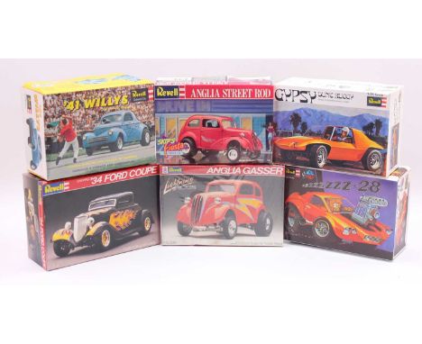 A collection of six boxed Revell Street Rod and Dune Buggy boxed plastic car kits, all 1/25 scale to include a 1934 Chopped F