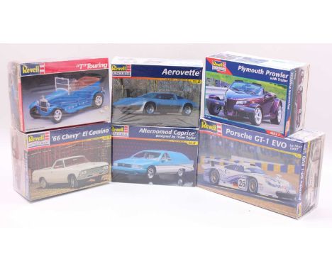 A collection of six Revell/Revell Monogram 1/25 scale mixed plastic car kits to include a 1966 Chevy El Camino, a Plymouth Pr