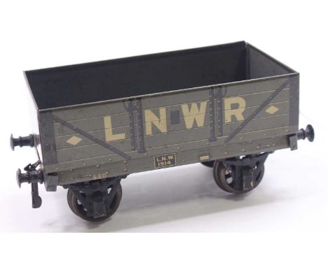 Bassett-Lowke Gauge 1, 4-plank open wagon, mid grey with white letters ‘LNWR’. Complete with all couplings &amp; buffers. Jus