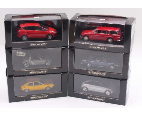 Six Minichamps 1:43 scale group of 6 die-cast cars to include a BMW 1600-2 1966, a Volvo 121 break, a Lancia Nea, a VW Sciroc
