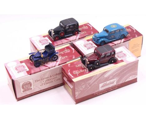 Four Milestone Minitures 1:43 scale hand-built die-cast cars, to include a Vauxhall light 6 saloon, in black, a Vauxhall J14,