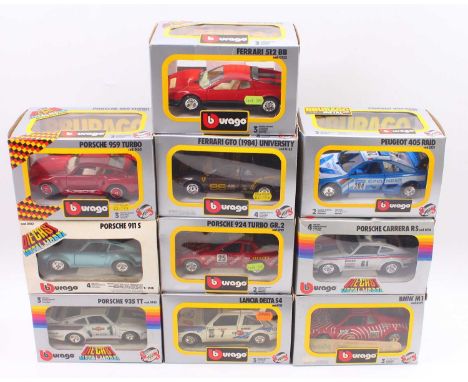 Burago 1/24 scale group of 10 boxed modern issue diecasts to include; No.0115 Lancia Delta S4, No.0133 Ferrari 512 BB, No.014