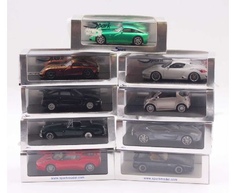 Spark Models 1/43 scale group of 9 models to include an Aston Martin DB4 in green, an Aston Martin 1/77 in silver, an Aston M