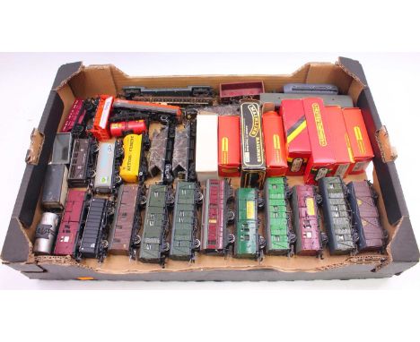 One tray containing 38 mostly unboxed 00 gauge wagons to include a Wrenn GUV, Jouef bogie Hopper wagon, a Hornby OBA wagon, a