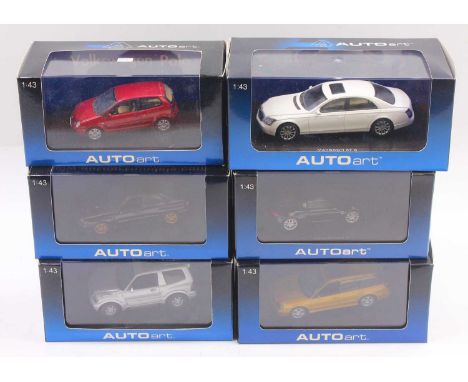 Auto Art 1/43 scale group of 6 diecast cars to include a Subaru Legacy GTB in gold, a Mitsubishi Pajero 1999 in silver, a Sub