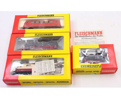 Four Fleischmann HO gauge locos to include a BR 141 Class, in DB red, a BR 86 Class, in DB black, an RE44 in maroon and cream