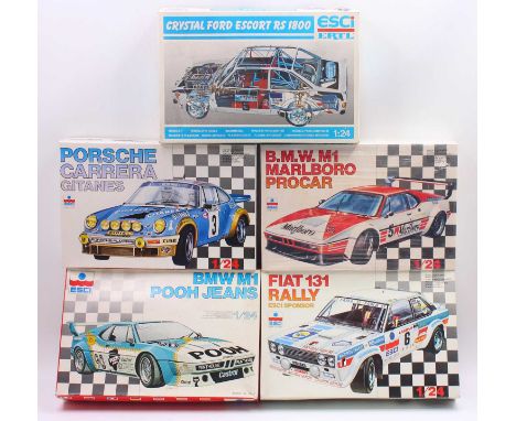 A collection of five boxed Esci 1/24 scale racing plastic kits to include a Porsche Carrera Gitanes, an Esci Fiat 131 Rally, 