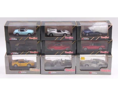 Corgi Detail Cars 1/43 scale group of 9 cars to include a BMW 502 coupe in red, a Ferrari Testarossa in yellow, a BMW 503 Cab