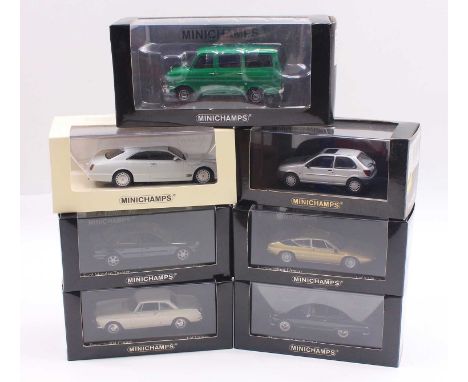 Minichamps 1/43 scale group of 7 cars, to include a Ford Mondeo in black, a Peugeot 404 Coupe in cream, an Auto Union Thousan