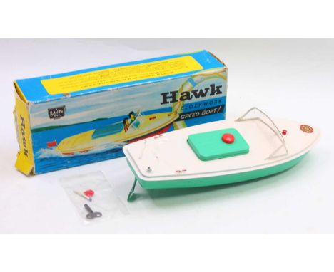 Sutcliffe Model clockwork speed boat ‘Hawk’ green hull &amp; engine cover, white deck, red bung &amp; mooring bollard on fron