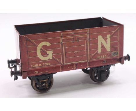 Bassett-Lowke Gauge 1, 6-plank open wagon, ‘G.N.’ brown with white letters. All couplings &amp; buffers present. (VG-E)