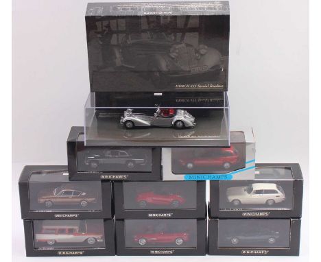Minichamps 1/43 scale models group of 9 to include Ford Cougar 1998, Mercedes-Benz SLR McLaren Roadster 2007, Edsel Bermuda 1