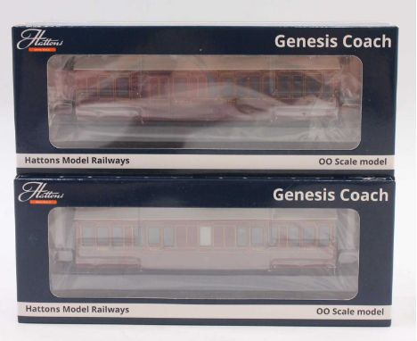 Two Hattons 00 gauge six-wheeled coaches, both in LBSCR umber livery, with working lighting, to include a composite coach, an