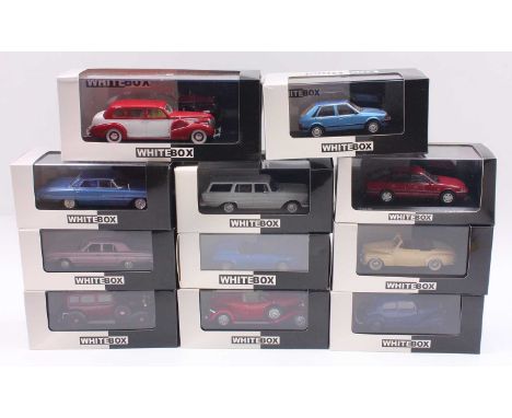 White Box 1/43 scale group of 11 cars to include a Cadillac Fleetwood V18 in red &amp; white, a Mercedes 230S in grey, a Dodg